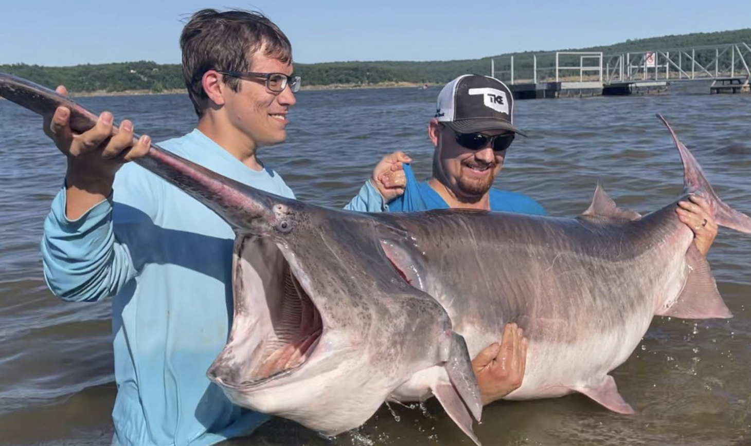 An angler poses with a record-breaking paddlefish in Oklahoma. 
