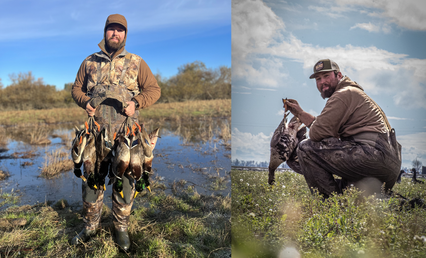 Collage of waterfowl hunter holding ducks and geese