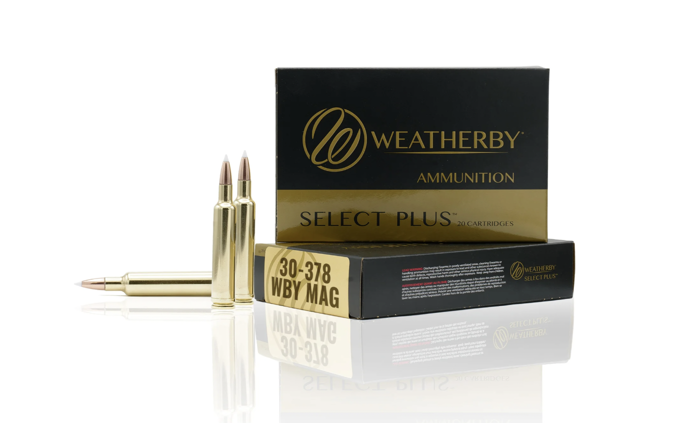 Weatherby 30-378 ammo on a white background. 