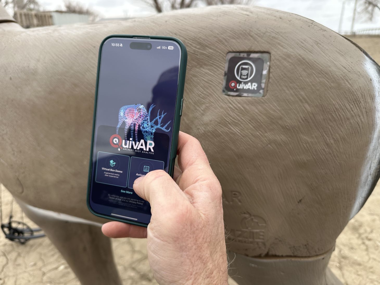 iphone with QuivAR app open for virtual target