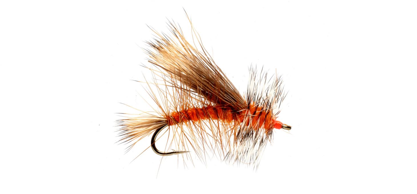 A Stimulator dry fly on a white background. 