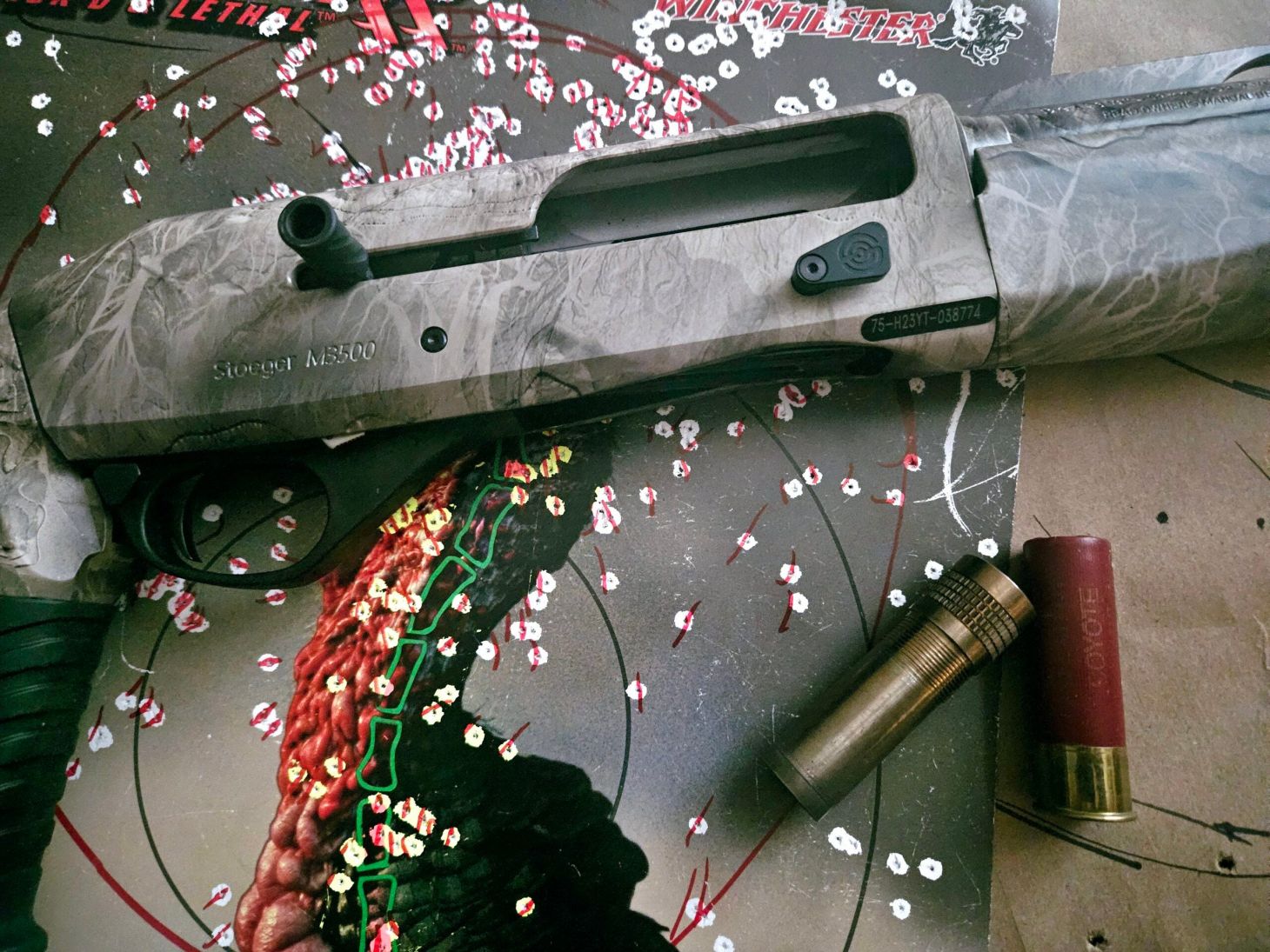 Stoeger 3500 Predator/Turkey shotgun on patterning target with ammo and choke.