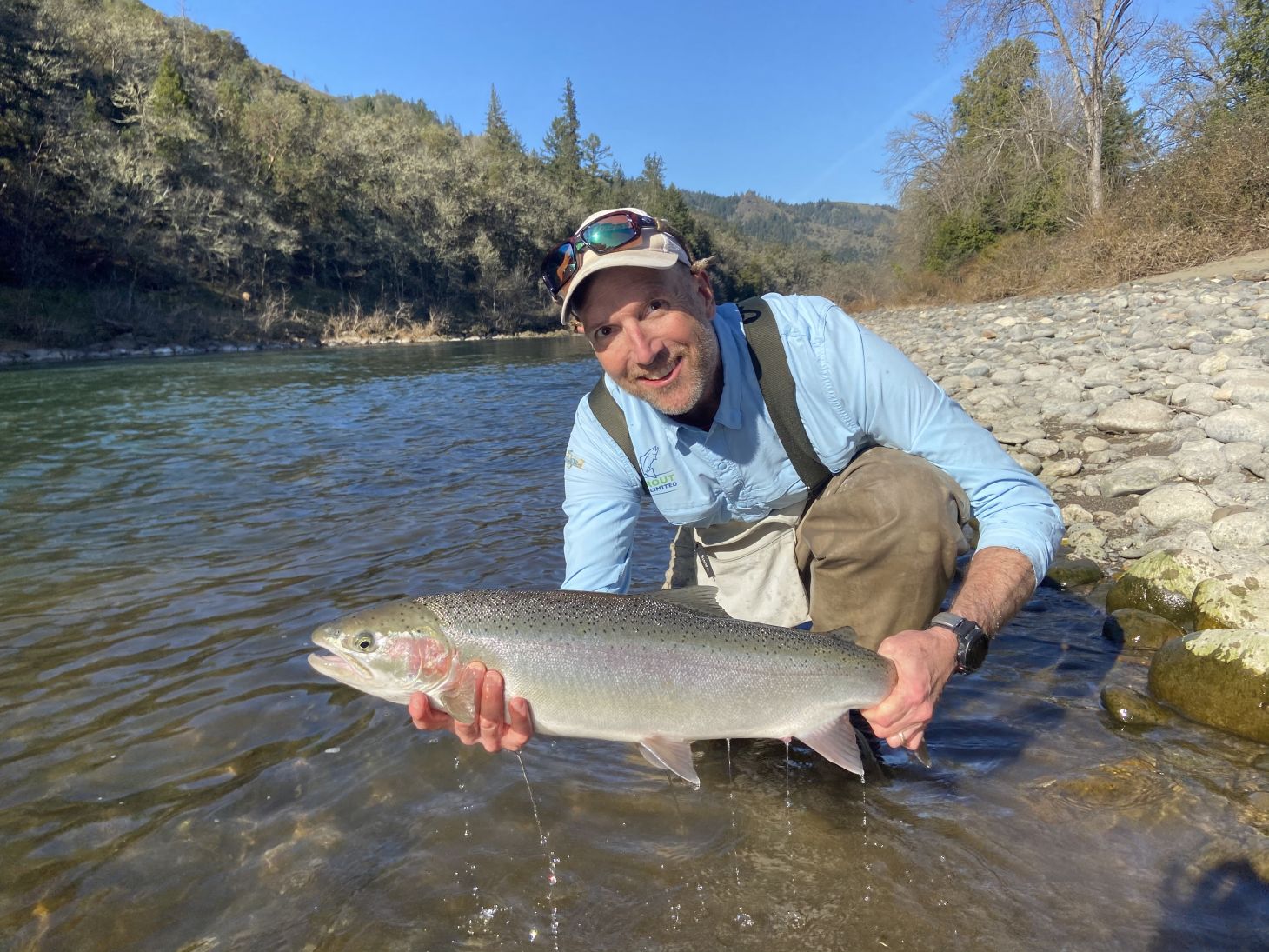 An angler holding up a wild steelhead in a river