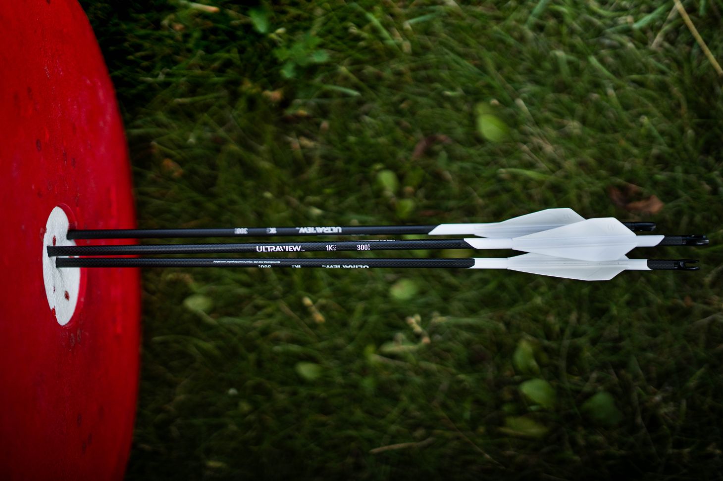 A group of three arrows stacked tightly in an archery target. 