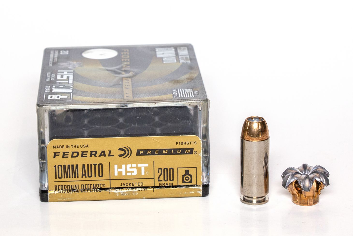 10mm 200-grain Federal HST ammo on a white background.