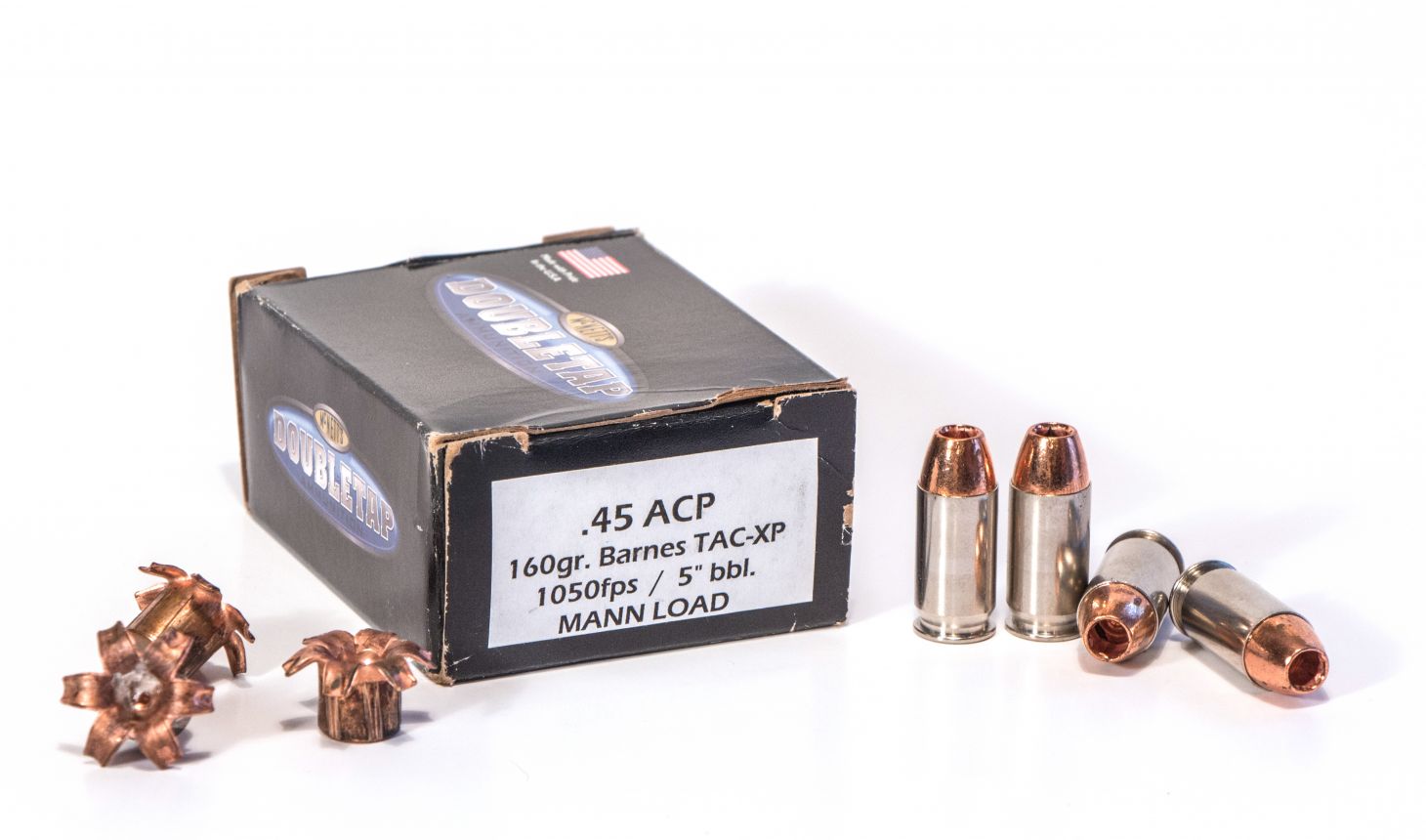 DoubleTap 45 ACP Mann Load ammo on white background.