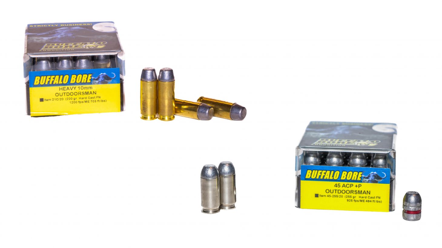 Buffalo Bore Outdoorsman loads for 10mm and 45 ACP on a white background.