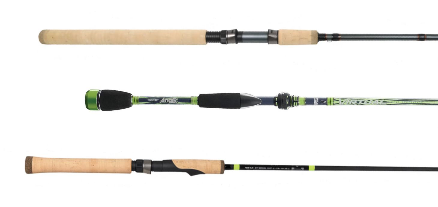 Three walleye fishing rods on a white background.