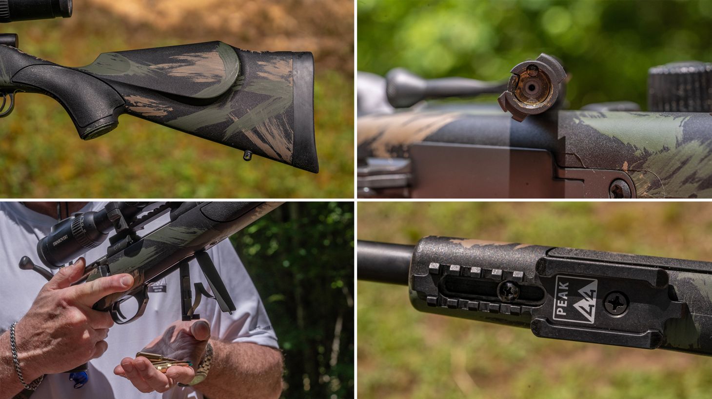 Closeup photos of the Weatherby Vanguard Black Hills rifle's Monte Carlo comb, bolt face, hinged-floorplate, and Pic rail. 