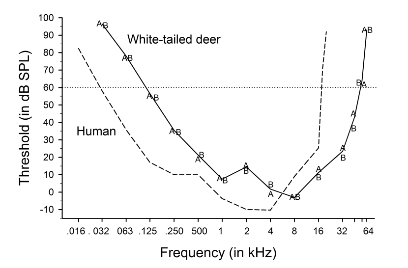 A chart showing deer hearing compared to human hearing. 