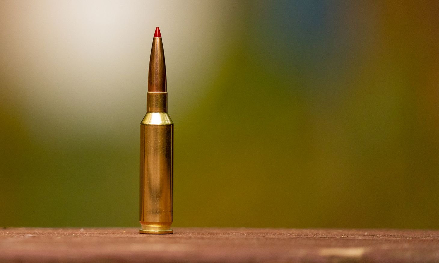 A 25 Creedmoor cartridge standing on a table. 