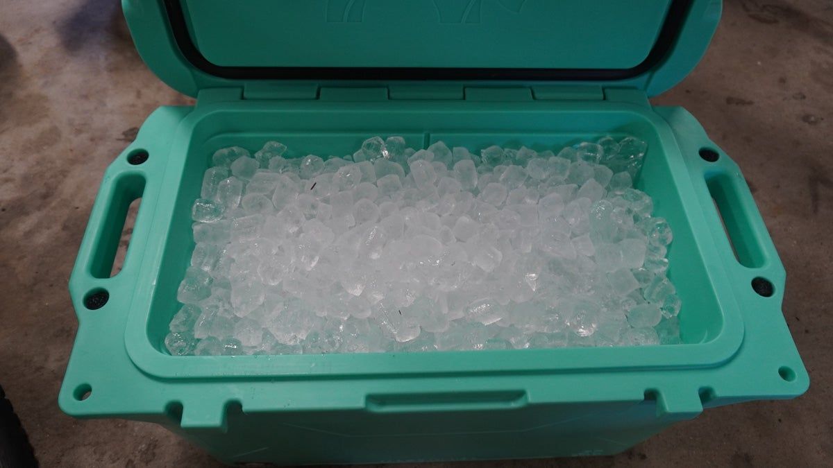 Interior of Bison Seafoam cooler filled with ice