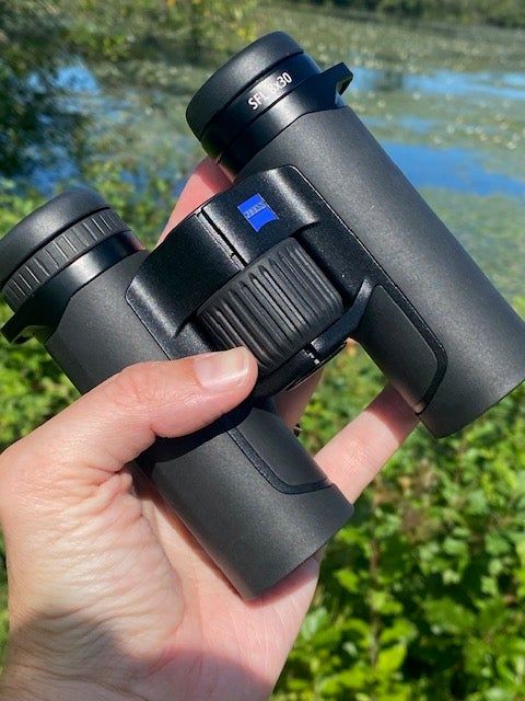 Close-up of Zeiss SFL 8x30 binoculars during testing