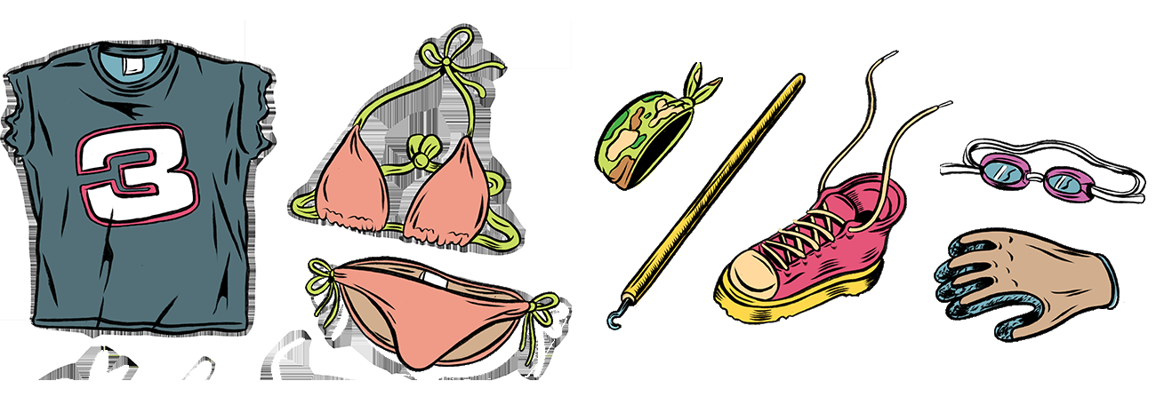 illustration of bikini, t-shirt, pole, sneaker and other gear items for noodling