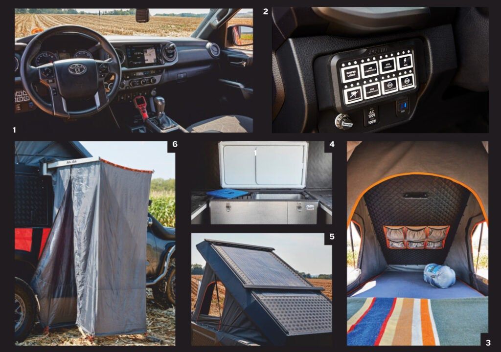 1. The interior of the ­Tacoma has a switch panel to operate the air compressor, radio, air-locking differentials, and more. There is also a remote control for the winch that can be used either inside or outside the vehicle. 2. The switch panel on the dash of the Toyota can control things like extra lights and air-lockers. 3. The camper top is on gas struts, and the wraparound awning doesn’t need any poles. It’s possible for one person to set up camp in five to 10 minutes. The camper top also has a fold-up table that stows in the roof over the cab. When the bed isn’t being used, it folds up toward the ceiling, allowing access to the cabinetry and standing room for getting dressed. 4. The onboard ­refrigerator-”‹­freezer. 5. The roof-mounted solar panel. Even in partial shade, or when something like a canoe is lashed to the roof, the solar panel will charge the battery; during the trip, it rarely dipped below 85 percent despite running a refrigerator, lights, and the fireplace fan. 6. The camper’s fold-up shower tent unfolds from the passenger side.