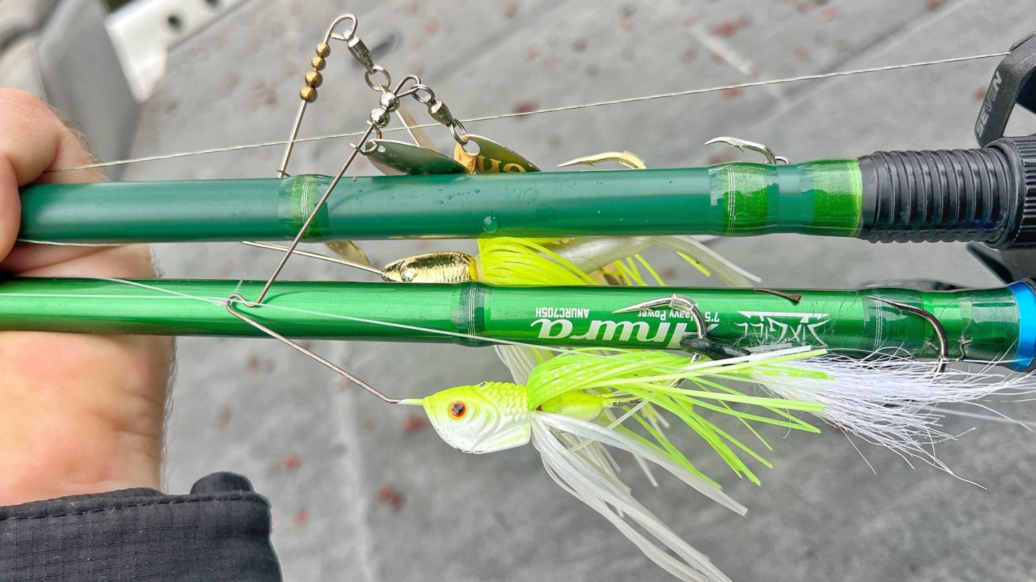 Shaye Baker's go-to spinnerbaits rigged up.