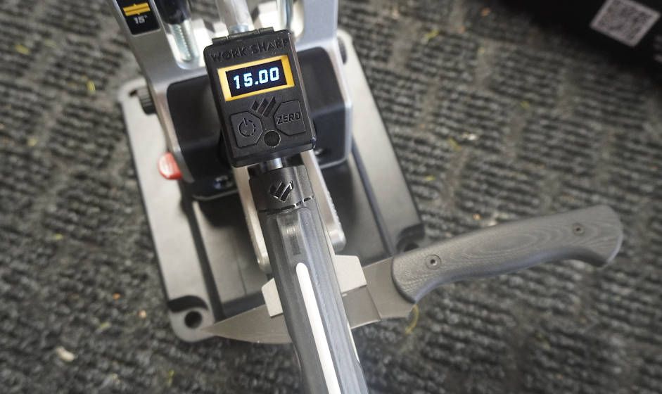 Digital angle indicator on Work Sharp Professional Precision Adjust knife sharpener during testing